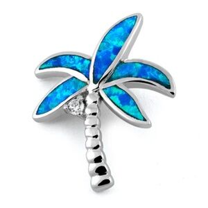 Sterling Silver Coconut Palm Tree Blue Lab Opal CZ Pendant